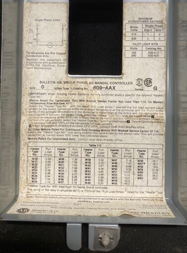 Allen-Bradley 609-AAX Series G Bulletin Single-Phase Enclosed Manual Control Starter - Image 2