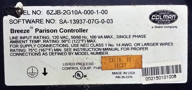 Barber-Colman 6ZJB-2G10A-000-1-00 Breeze Parison Controller - Image 2