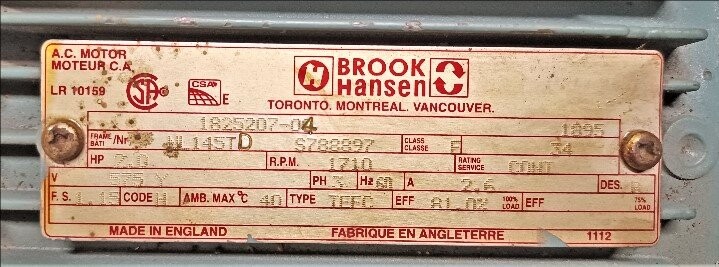 Brook Hansen 1825207-04 2 HP Motor - Image 2