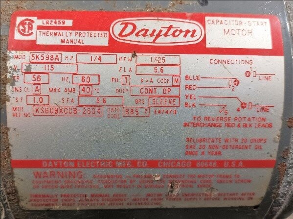 Dayton 5K598A 1/4 HP Capacitor-Start Motor - Image 2