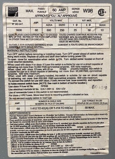 Federal Pioneer 1636 W98 Enclosed Fusible Safety Switch - Image 2