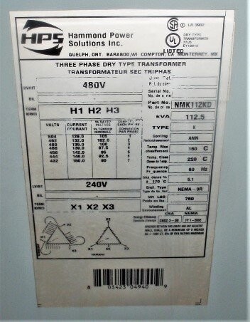 Hammond Power Solutions NMK112KD 3 Phase Dry Type Transformer - Image 3