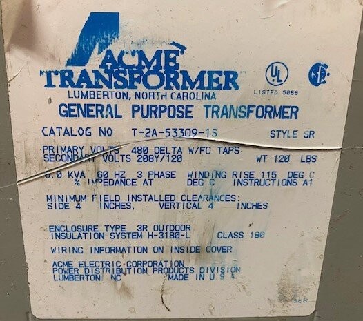 Hubbell-Acme Electric T-2A-53309-1S General Purpose 6.0 kVA Transformer - Image 2