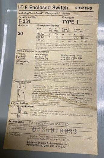 Siemens F-351 Type 1 ITE Enclosed Fusible Safety Switch - Image 3