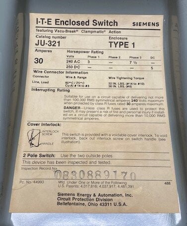 Siemens JU-321 Type 1 ITE Enclosed Safety Switch - Image 3
