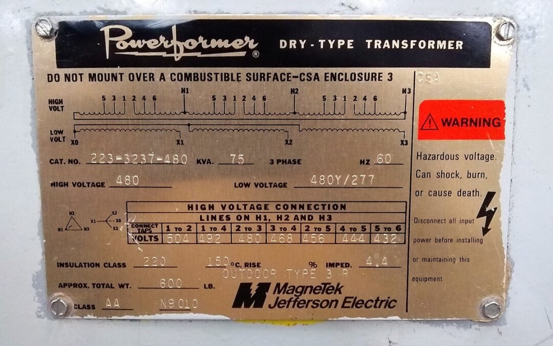 MagneTek-Jefferson Electric 223-3237-480 Powerformer 75 KVA Transformer - Image 2