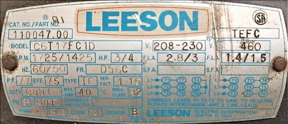 Leeson C6T17FC1D .75 HP Motor - Image 3