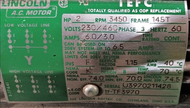 Lincoln Electric TF3970 2 HP Motor - Image 2