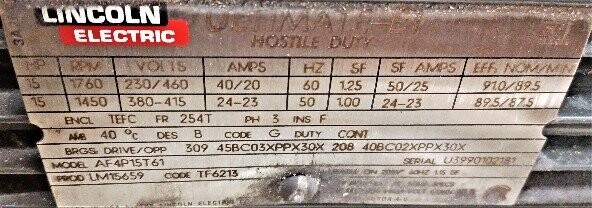 Lincoln Electric AF4P15T61 15 HP Motor - Image 3