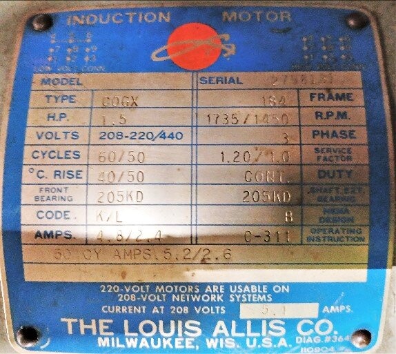 Louis Allis COGX 1.5 HP Induction Motor - Image 2