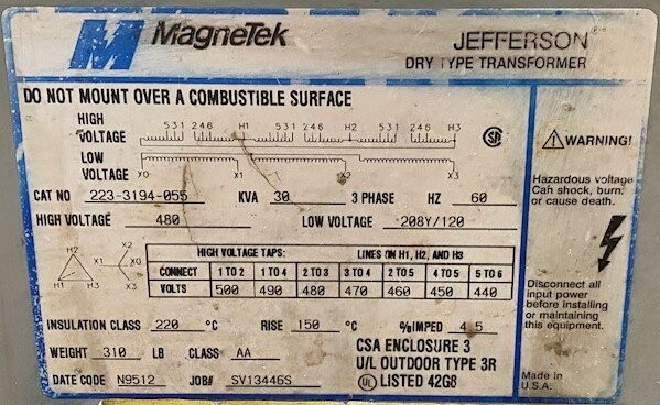 Magnetek-Jefferson 223-3194-055 30 kVA Dry Type Transformer - Image 2