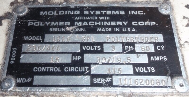 Molding Systems Inc.-Polymer Machinery Corp 1116 SPL Polygrinder Grinder - Image 3