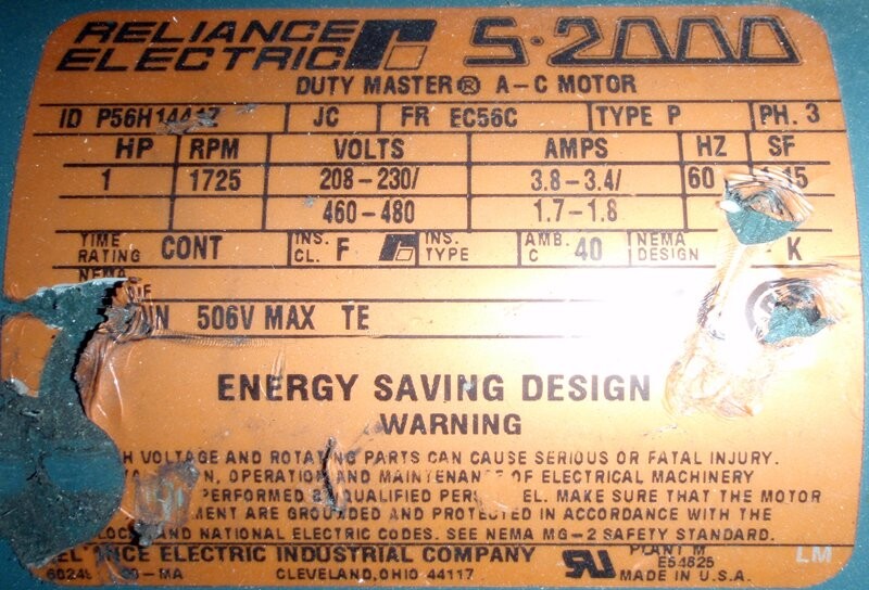 Reliance P56H14412 S-2000 Duty Master 1hp Motor - Image 2