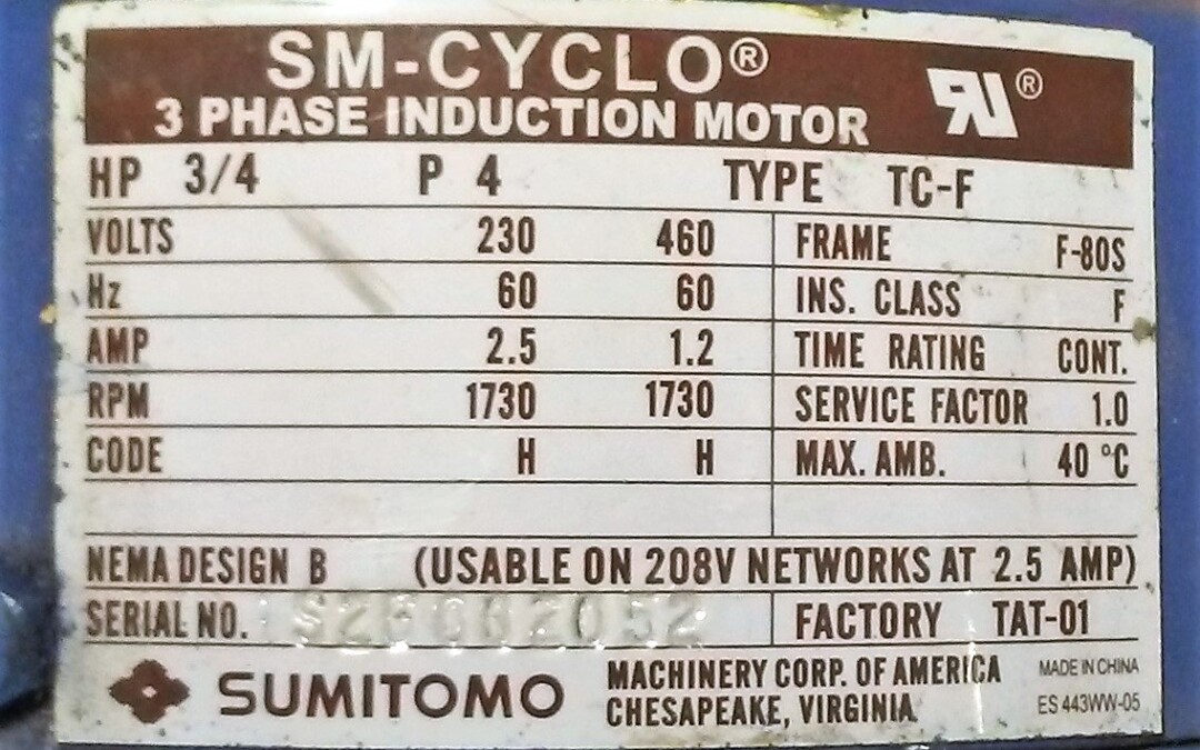 Sumitomo CN-M0S-4095YA-29 SM-CYCLO 3-Phase Induction Motor - Image 2