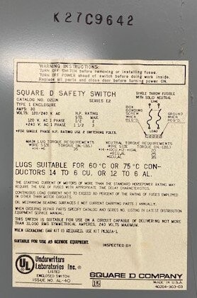 Square D D211N Series E2 Type 1 Enclosure General Duty Safety Switch - Image 3