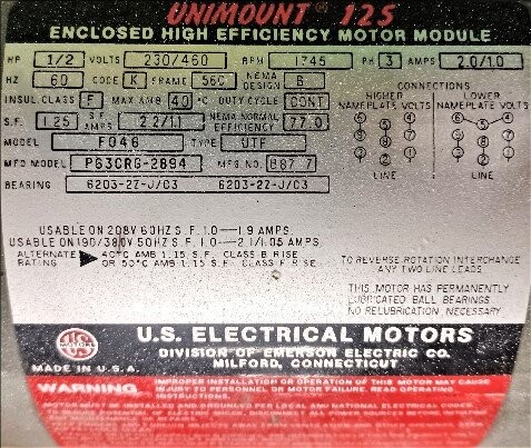 US Motors 125 F046 1/2 HP Unimount Motor - Image 3