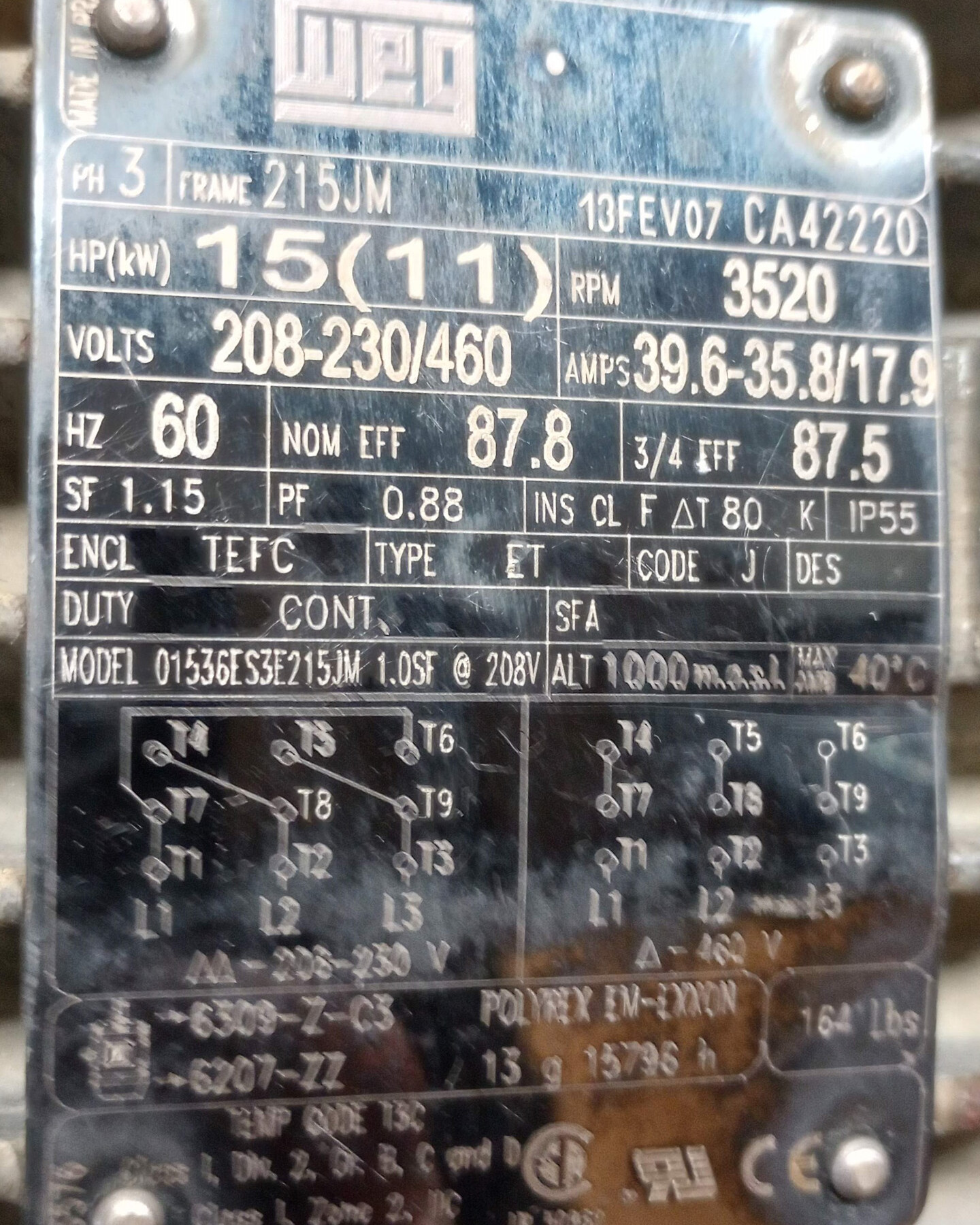 WEG 01536ES3E215JM 15 HP Pump Motor - Image 2